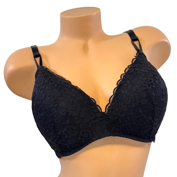 VICTORIA'S SECRET 38DD The T-Shirt Wireless Padded Push Up Lace Floral Bra Black - Picture 1 of 6